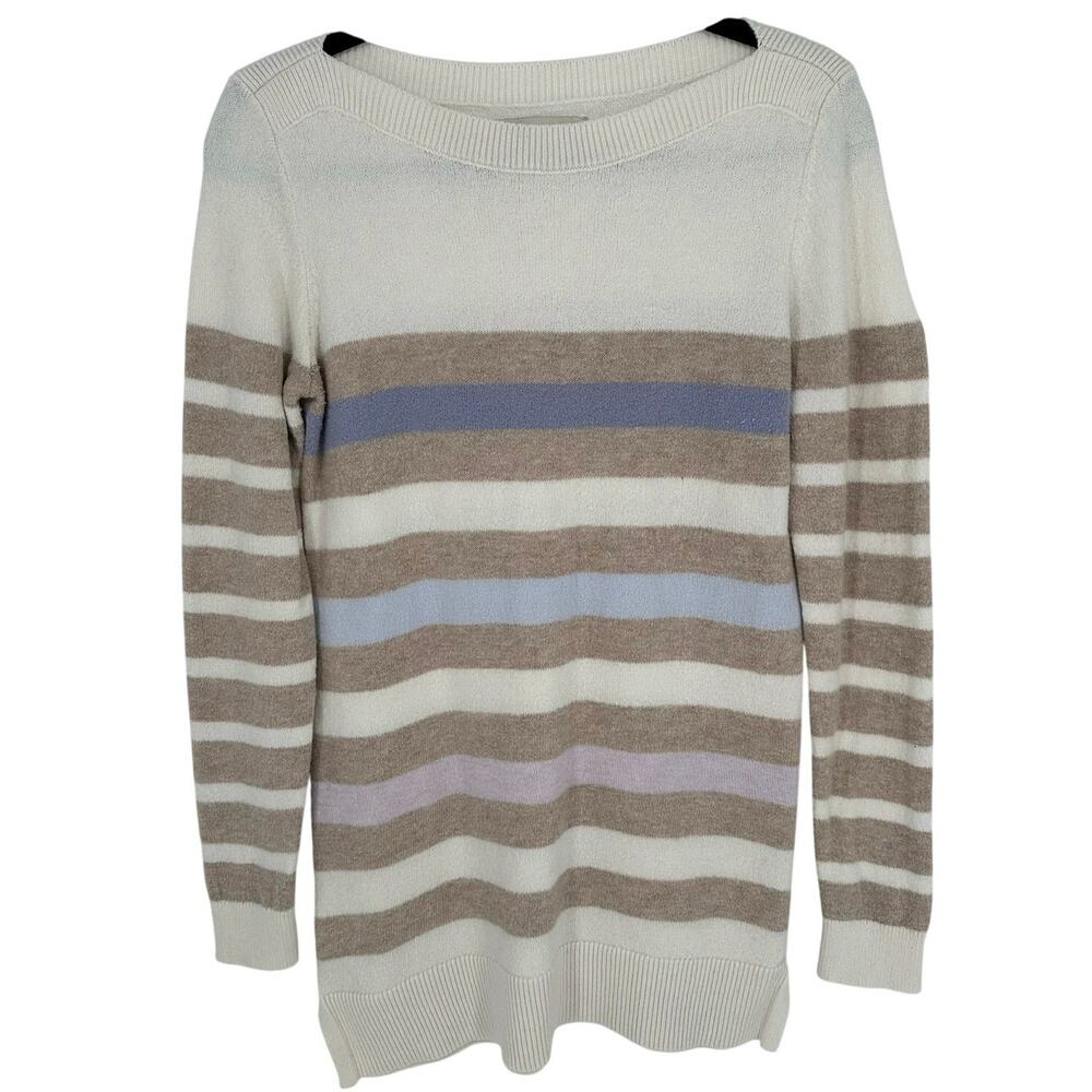 LOFT Striped Crew Neck Sweater Cream Brown Cotton Wool Blend Long Sleeve Small S